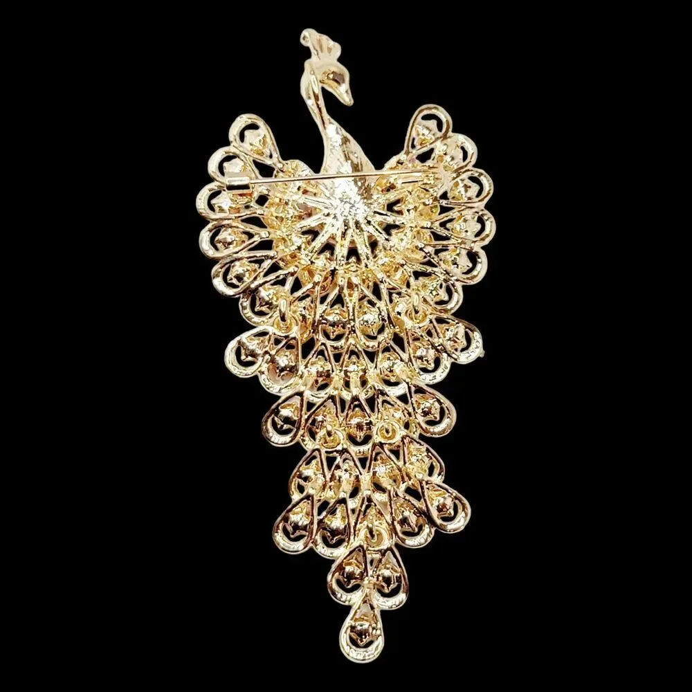 Beautifull Large Gold‎ Peacock With Multi-Colored Rhinestones Brooch Pin Pendant